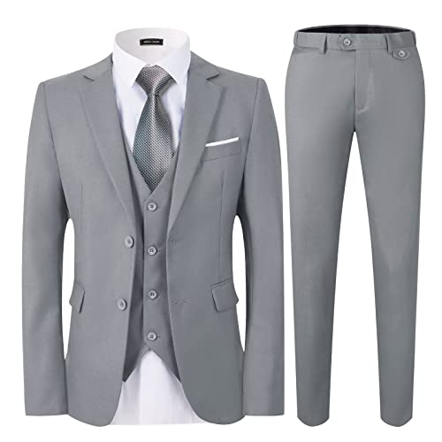 WEEN CHARM Men's Suits Slim Fit,3 Piece Suit for Men,2 Button Blazer Jacket Vest Pants with Tie,Men Tuxedo Suit Set Light Grey